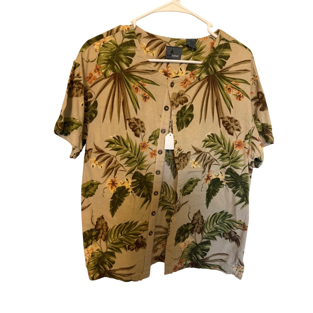 Lizwear Womens Medium Tropical Palm Floral Button Up Shirt Tan Green 100% Cotton